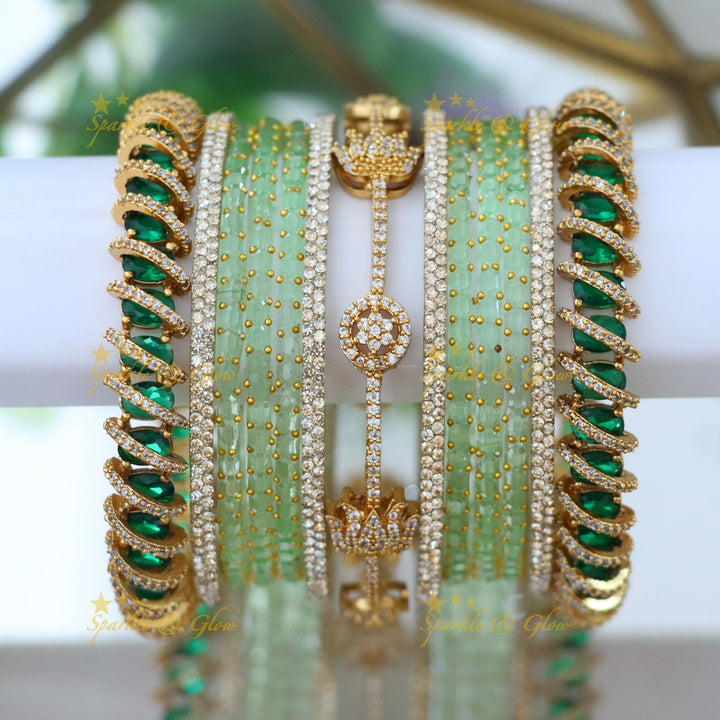 Exquisite Bridal Bangles with American Diamonds & Green Beads