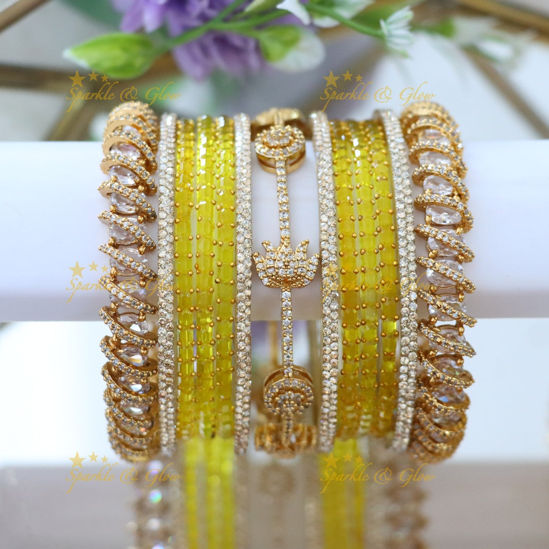 Exquisite Bridal Bangles with American Diamonds & Green Beads