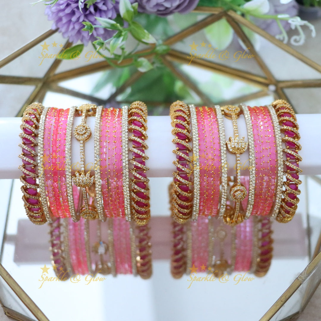 Exquisite Bridal Bangles with American Diamonds & Green Beads