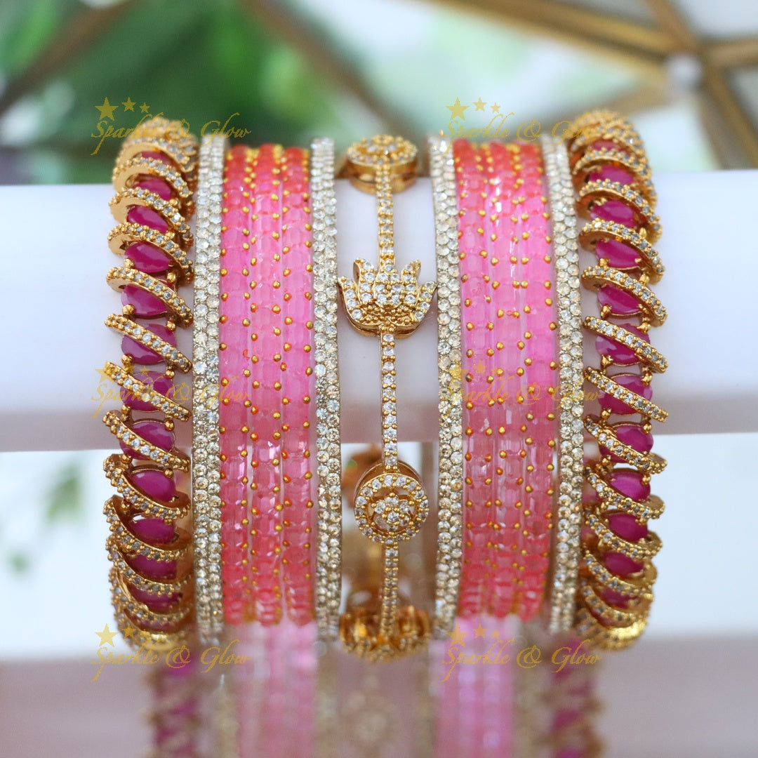 Exquisite Bridal Bangles with American Diamonds & Green Beads