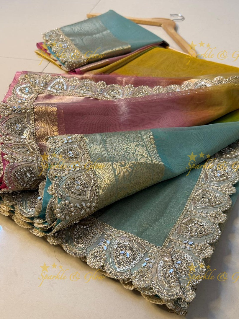 Exquisite Multi Shade Saree with Mirror Lace Border
