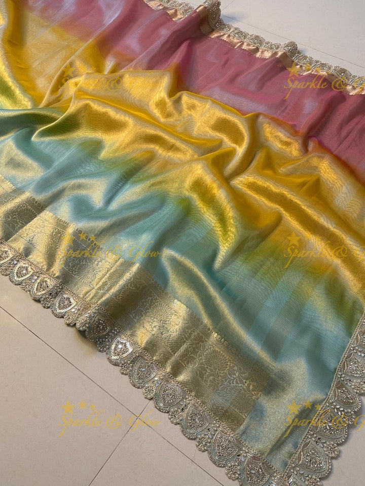 Exquisite Multi Shade Saree with Mirror Lace Border
