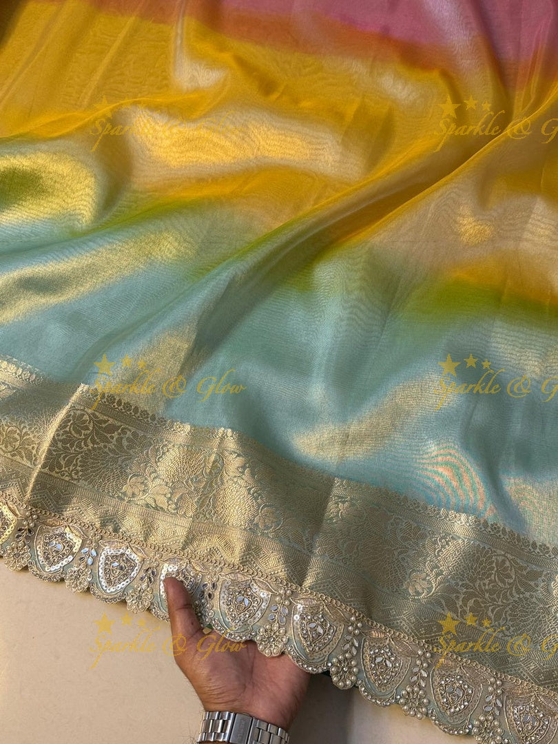 Exquisite Multi Shade Saree with Mirror Lace Border