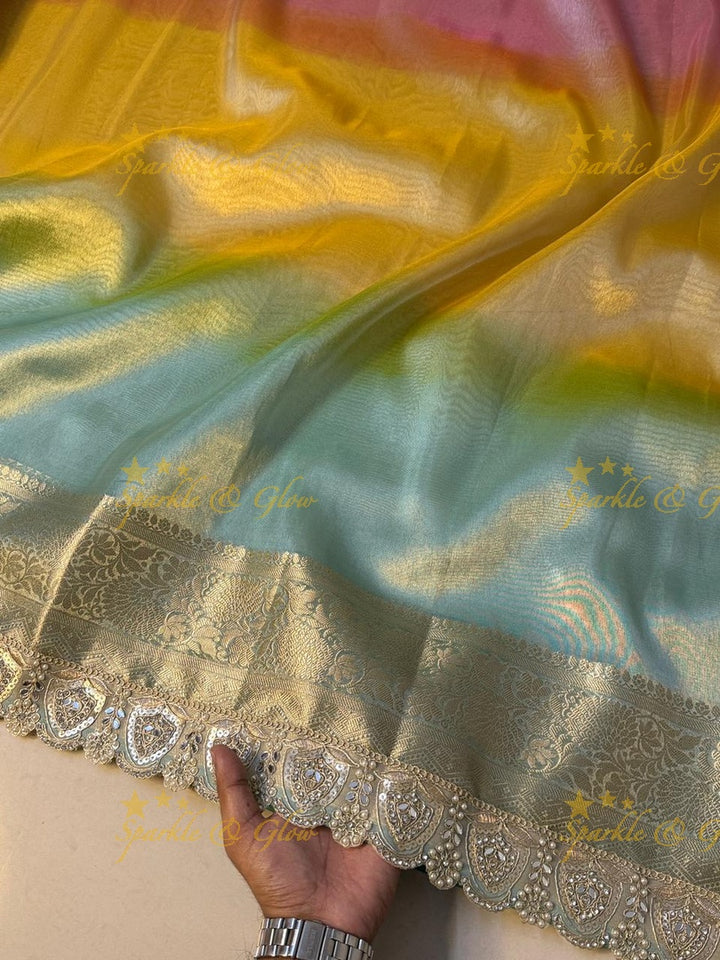 Exquisite Multi Shade Saree with Mirror Lace Border