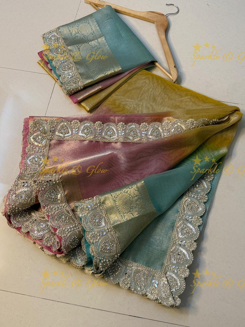 Exquisite Multi Shade Saree with Mirror Lace Border