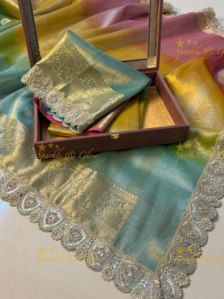 Exquisite Multi Shade Saree with Mirror Lace Border