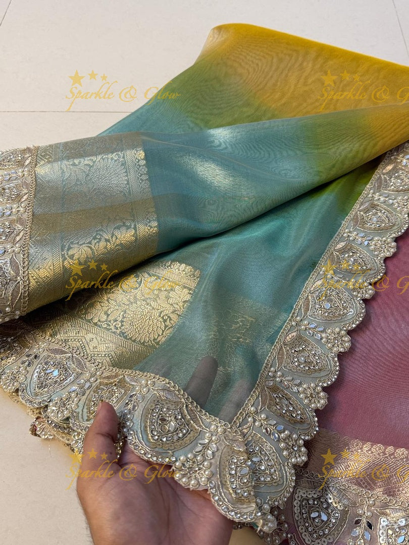 Exquisite Multi Shade Saree with Mirror Lace Border