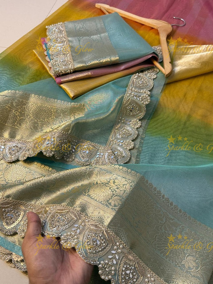 Exquisite Multi Shade Saree with Mirror Lace Border