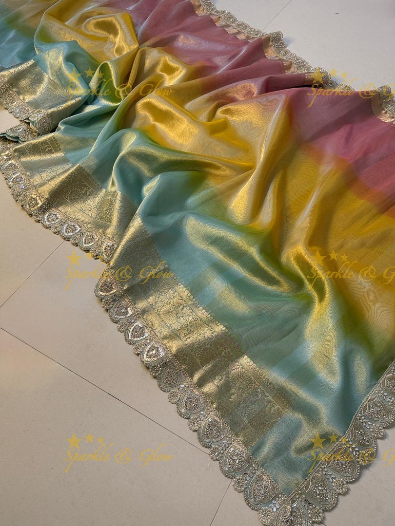 Exquisite Multi Shade Saree with Mirror Lace Border