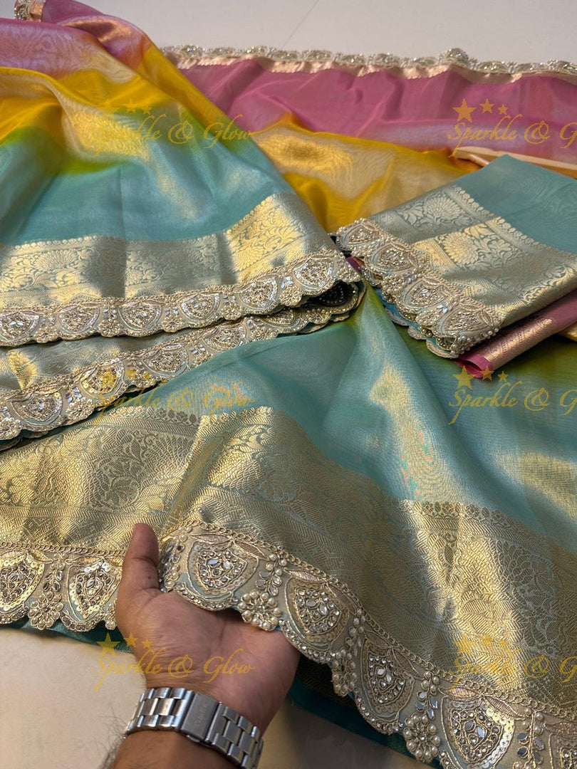Exquisite Multi Shade Saree with Mirror Lace Border