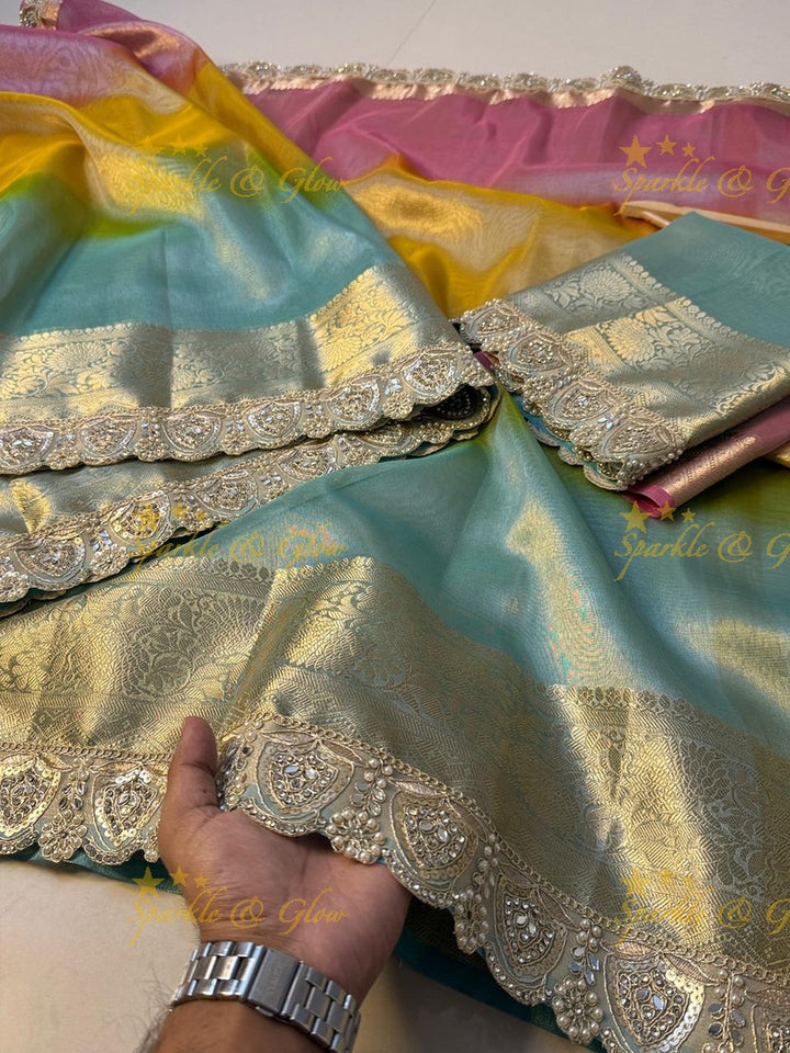 Exquisite Multi Shade Saree with Mirror Lace Border
