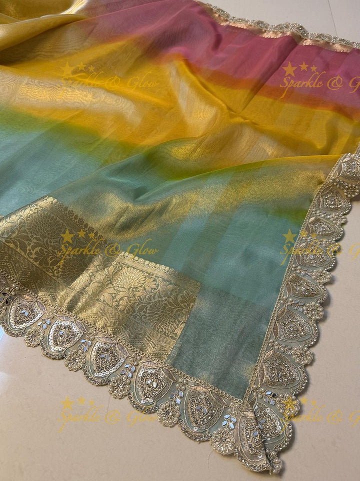 Exquisite Multi Shade Saree with Mirror Lace Border