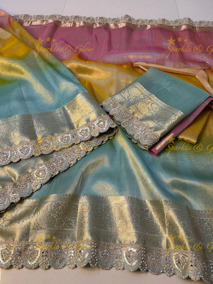 Exquisite Multi Shade Saree with Mirror Lace Border