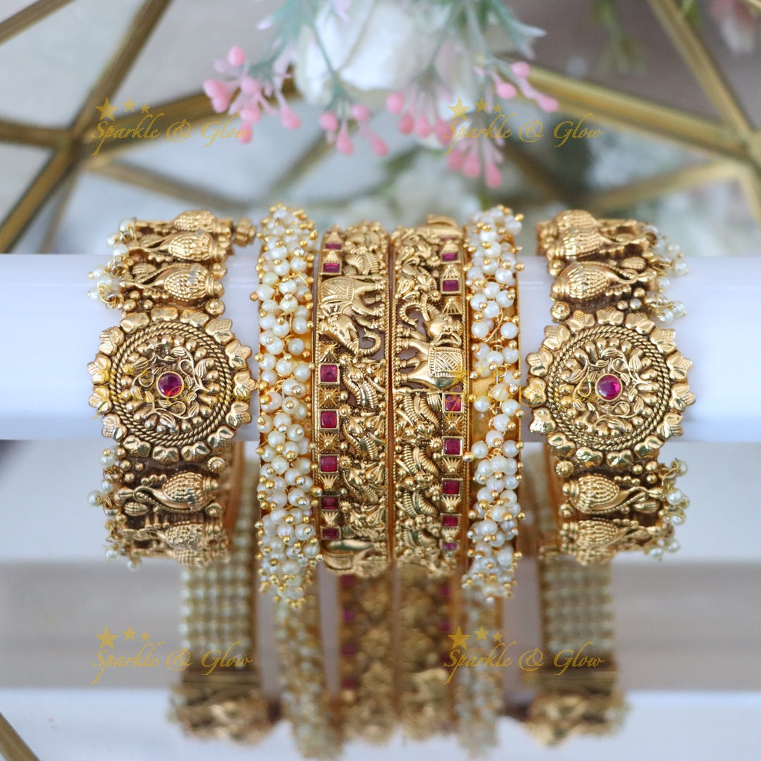 Stunning Bridal Peacock Bangle Set with Pearls & Carvings