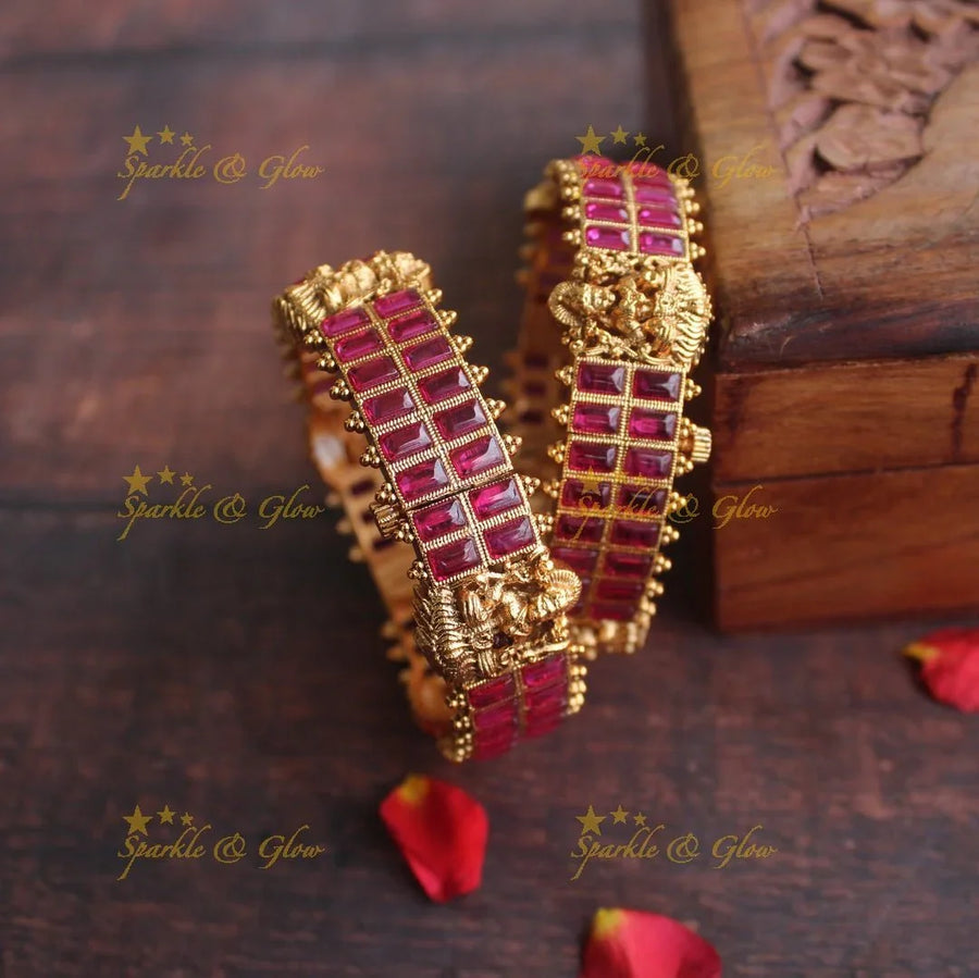 Gold alike kemp Lakshmi design screw bangles - 2.6 - Pink - Sparkle and Glow