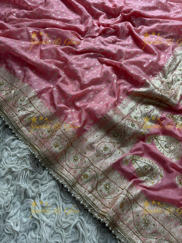 Elegant Pink Banarasi Georgette Saree with Gold Zari