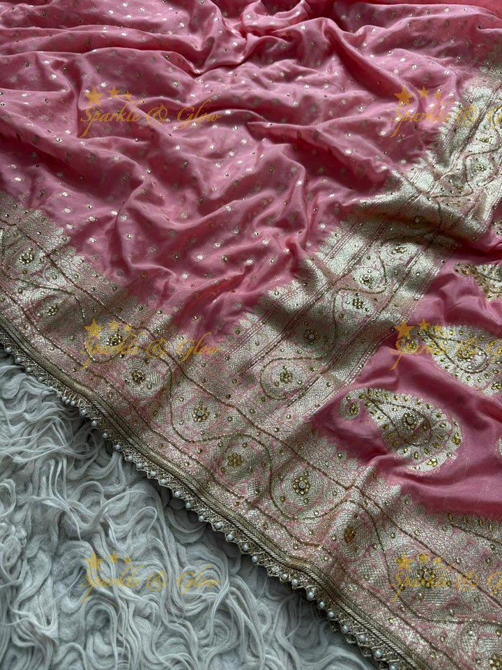Elegant Pink Banarasi Georgette Saree with Gold Zari