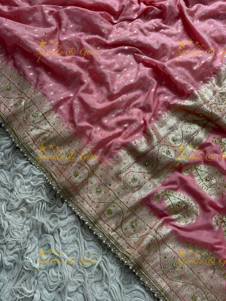 Elegant Pink Banarasi Georgette Saree with Gold Zari