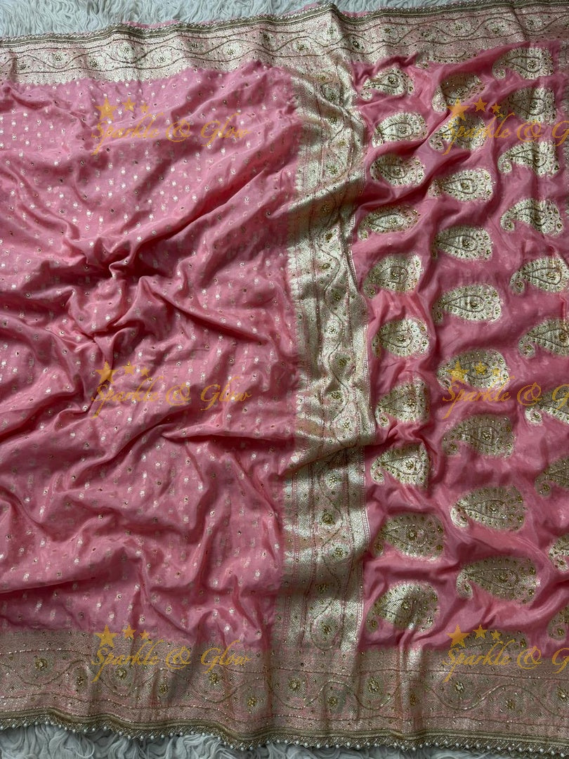 Elegant Pink Banarasi Georgette Saree with Gold Zari