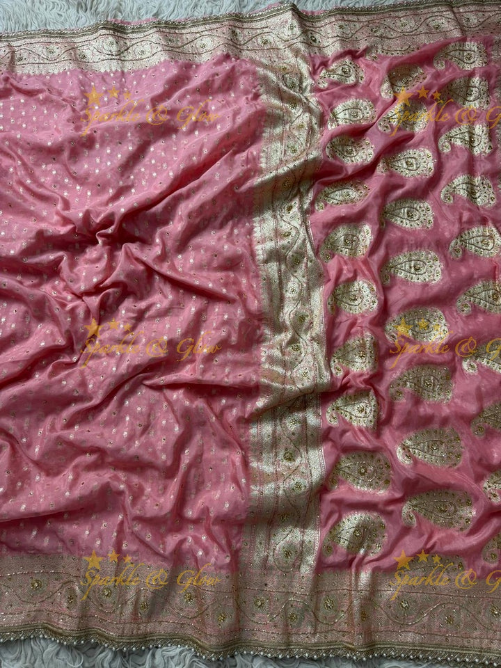 Elegant Pink Banarasi Georgette Saree with Gold Zari
