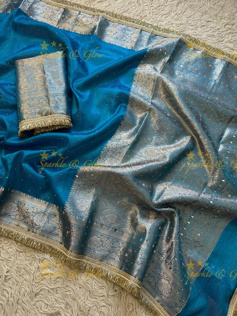 Stunning Banarasi Tissue Saree with Gold Zari & Mirrors