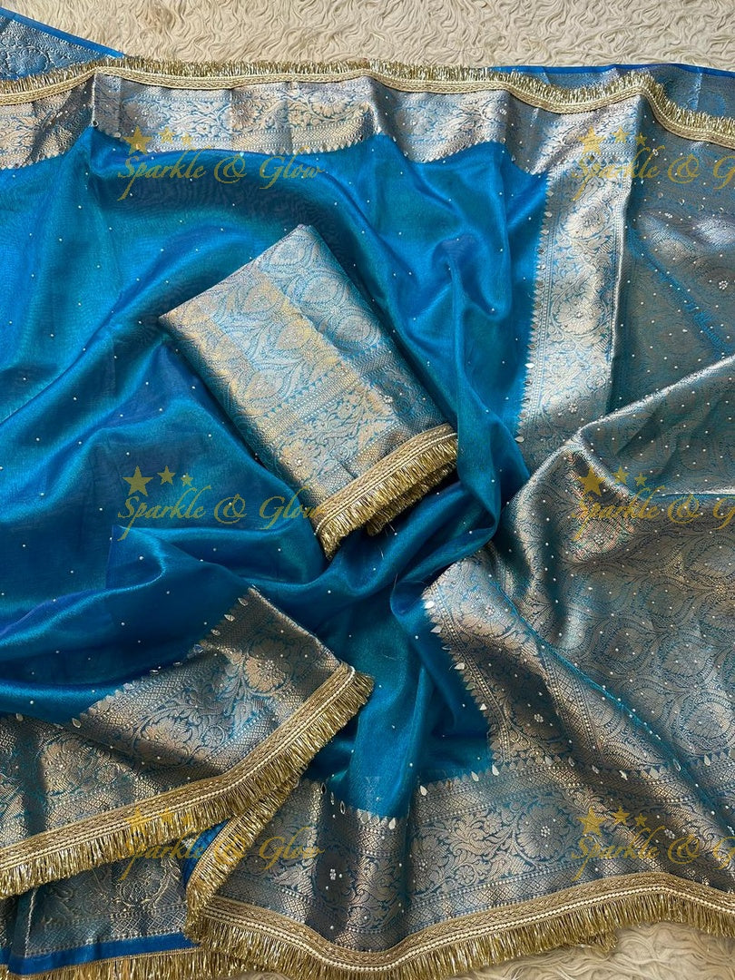 Stunning Banarasi Tissue Saree with Gold Zari & Mirrors