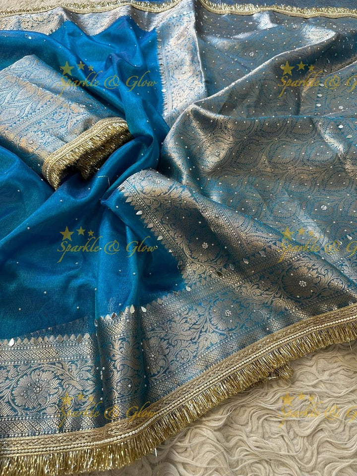 Stunning Banarasi Tissue Saree with Gold Zari & Mirrors