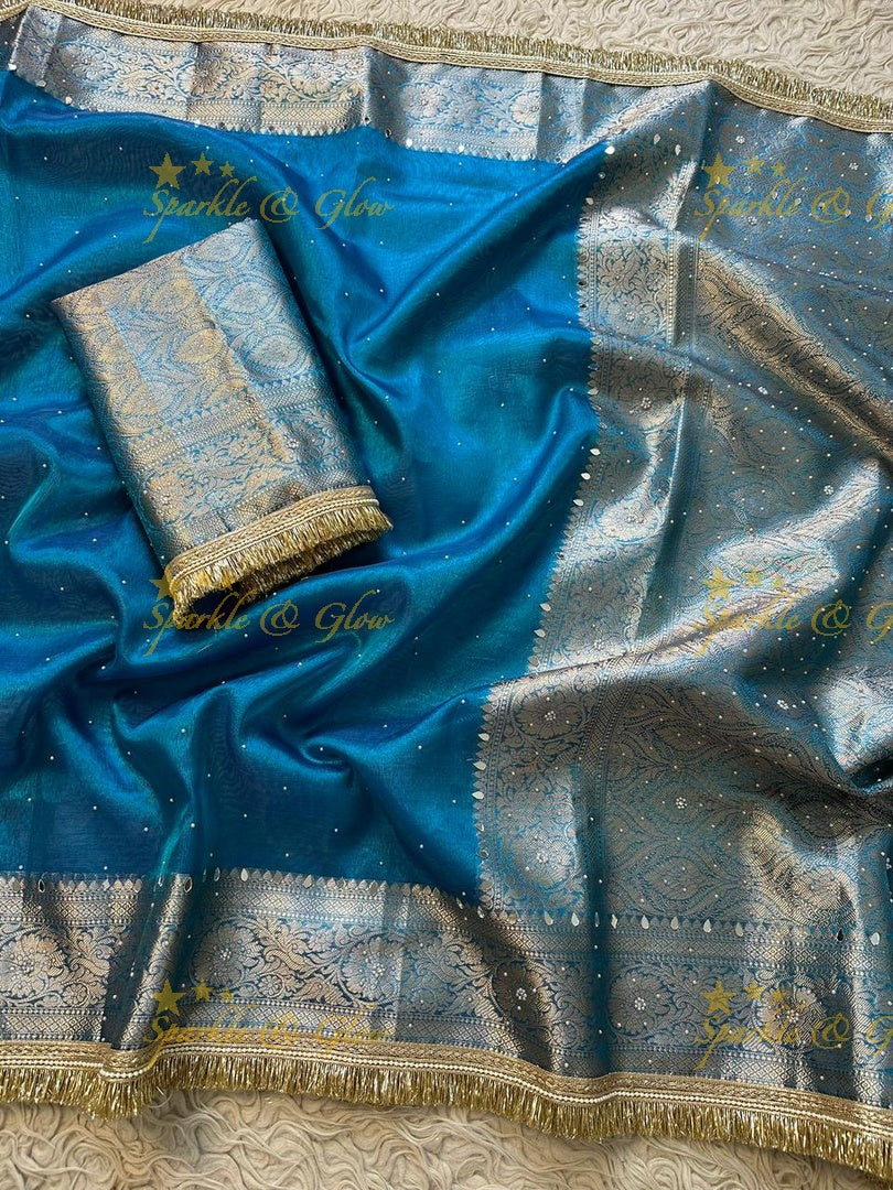 Stunning Banarasi Tissue Saree with Gold Zari & Mirrors