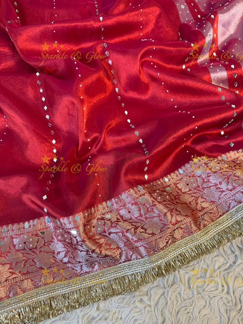 Stunning Banarasi Tissue Saree with Gold Zari & Mirrors