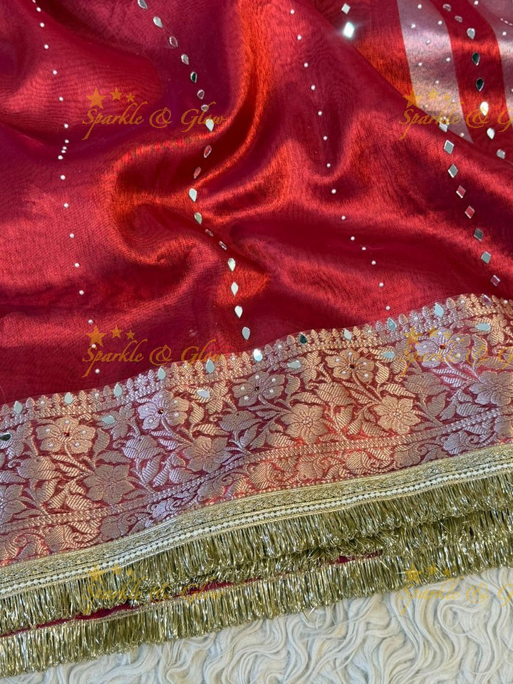 Stunning Banarasi Tissue Saree with Gold Zari & Mirrors