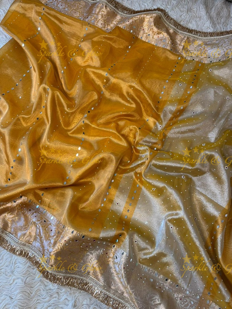 Stunning Banarasi Tissue Saree with Gold Zari & Mirrors