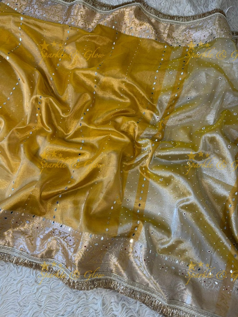 Stunning Banarasi Tissue Saree with Gold Zari & Mirrors