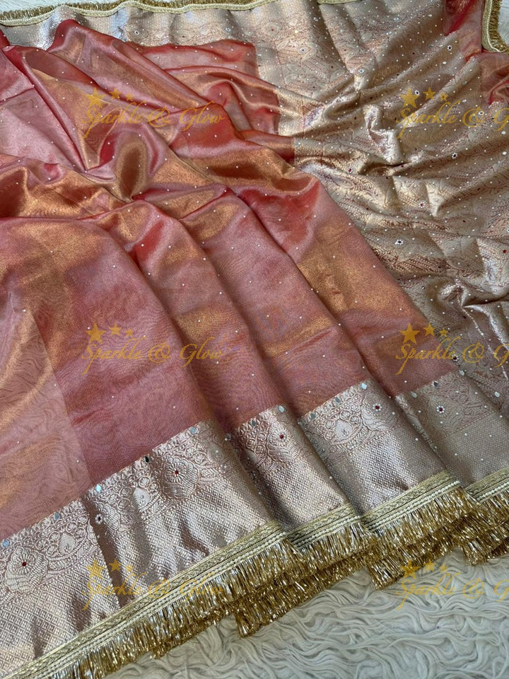 Stunning Banarasi Tissue Saree with Gold Zari & Mirrors