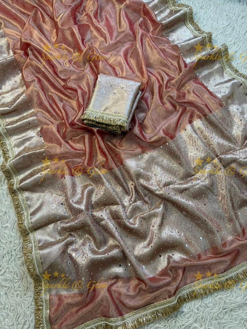 Stunning Banarasi Tissue Saree with Gold Zari & Mirrors