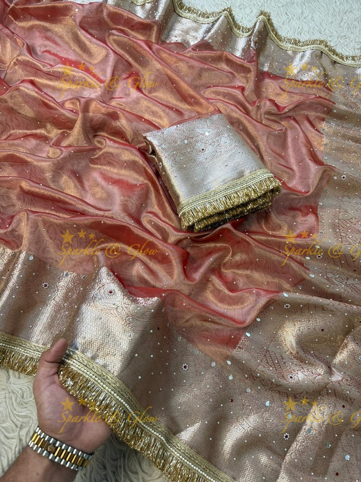 Stunning Banarasi Tissue Saree with Gold Zari & Mirrors