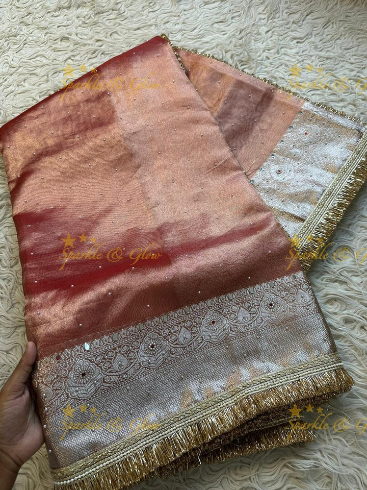 Stunning Banarasi Tissue Saree with Gold Zari & Mirrors