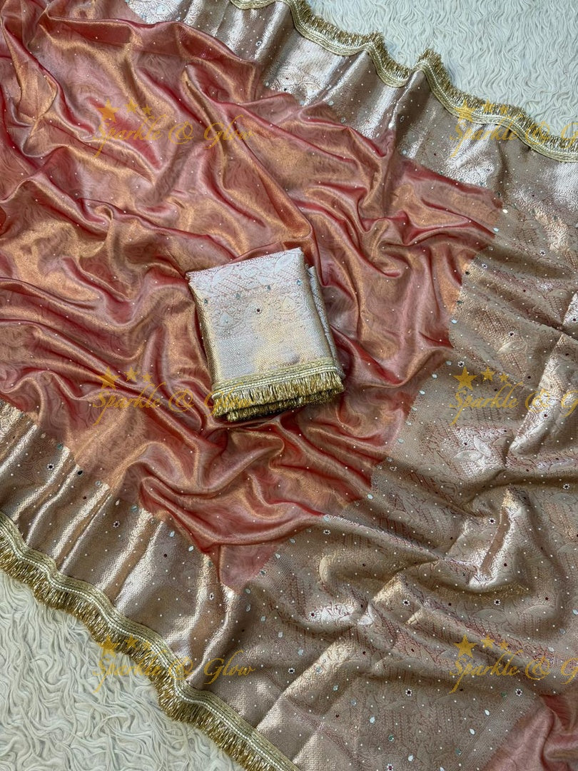 Stunning Banarasi Tissue Saree with Gold Zari & Mirrors