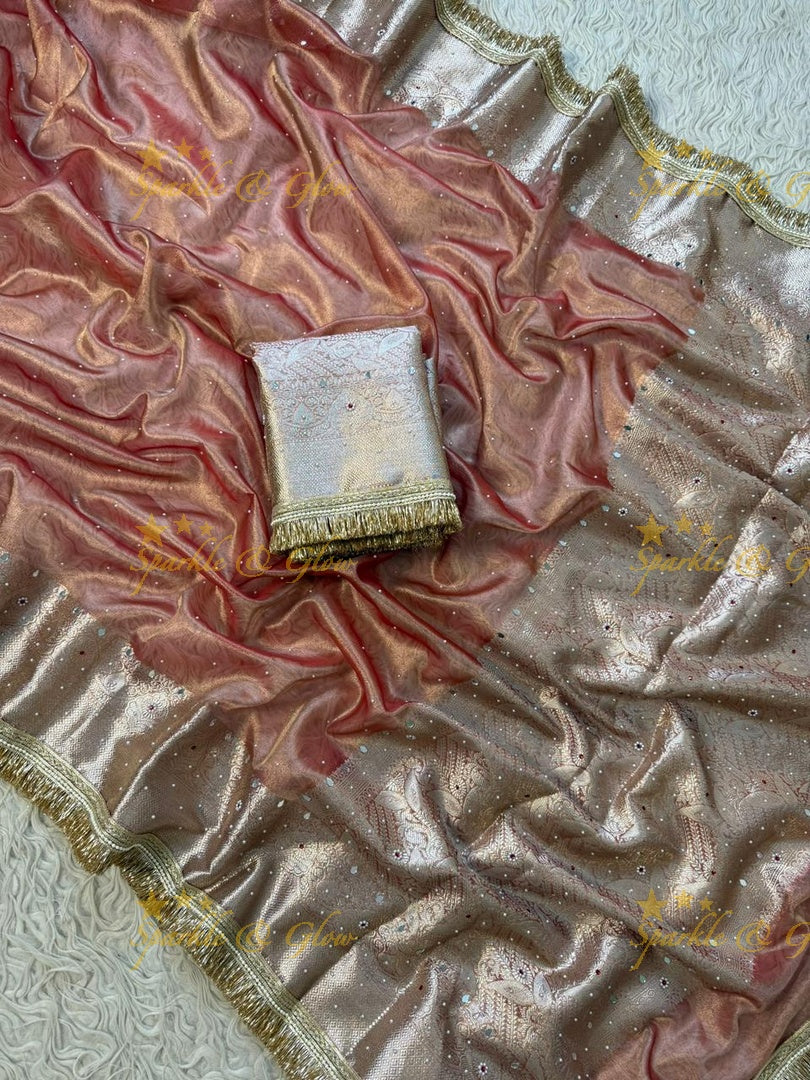 Stunning Banarasi Tissue Saree with Gold Zari & Mirrors
