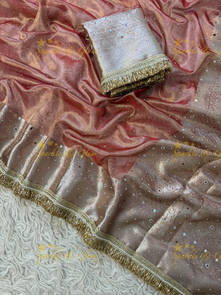 Stunning Banarasi Tissue Saree with Gold Zari & Mirrors