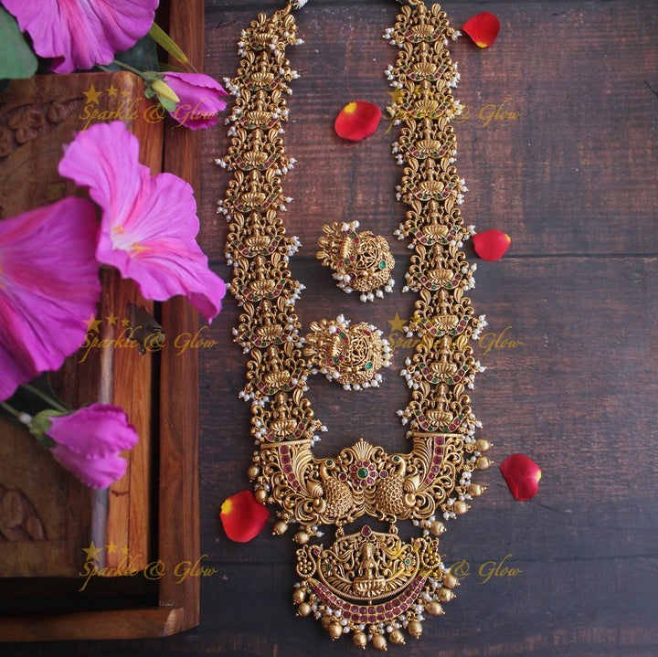 Premium matte Grand Lakshmi gutta pusalu haram - Gold Green Bead