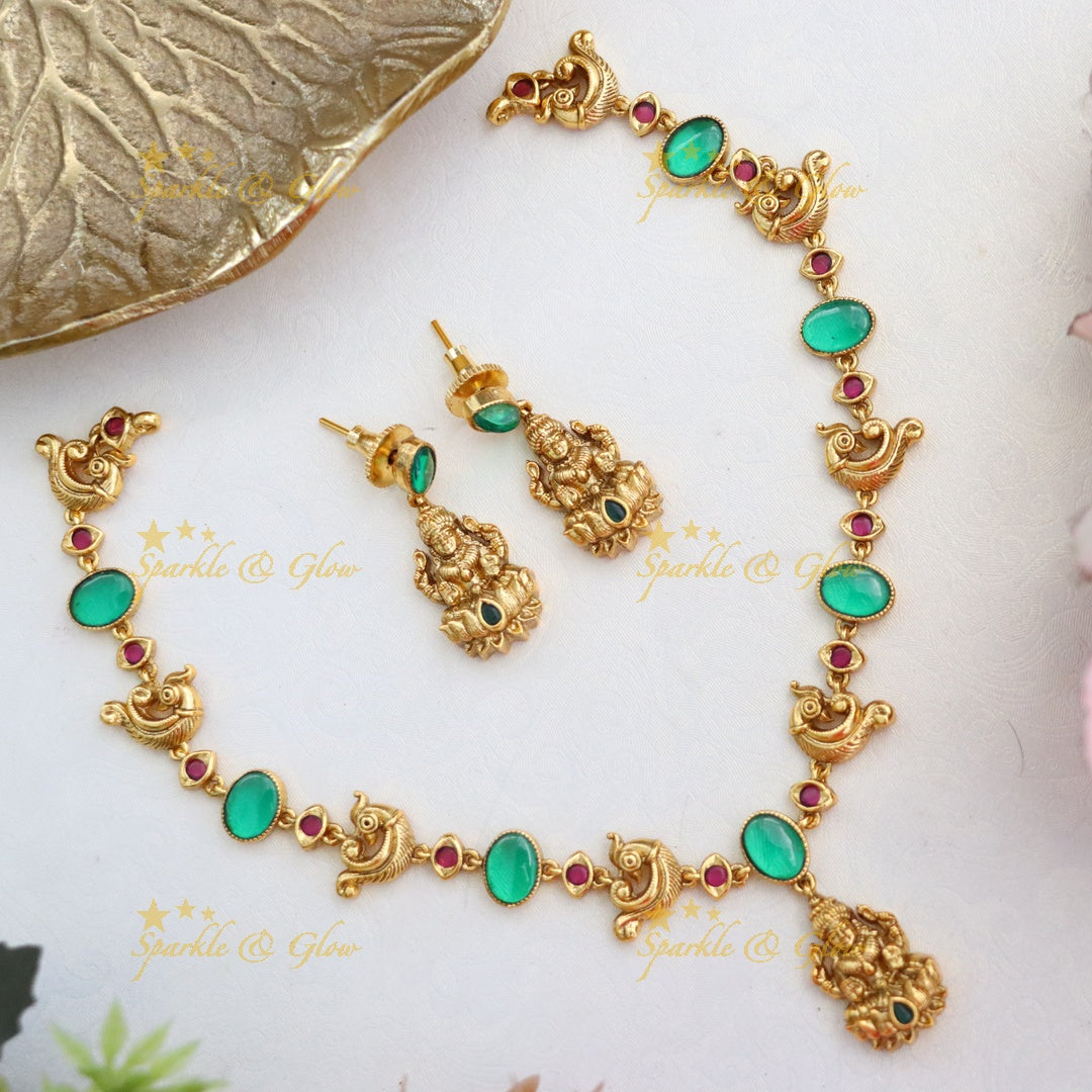 Exquisite Temple Necklace Set with Emerald Accents
