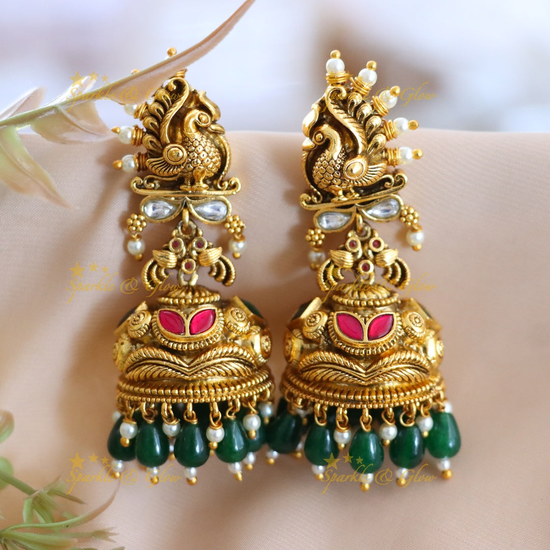 Peacock Jhumkas - Gheru Gold Elegance with Beads