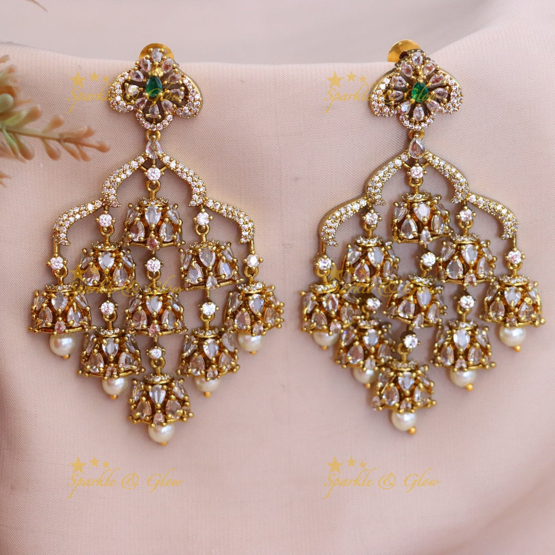 Grand Victorian AD Crown Earrings with Jhumka Drops