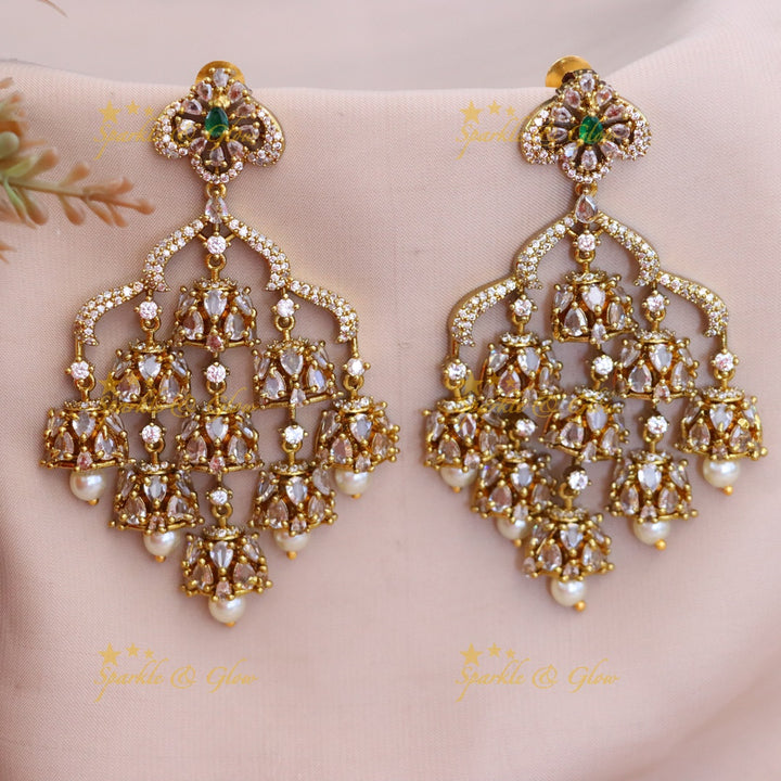 Grand Victorian AD Crown Earrings with Jhumka Drops