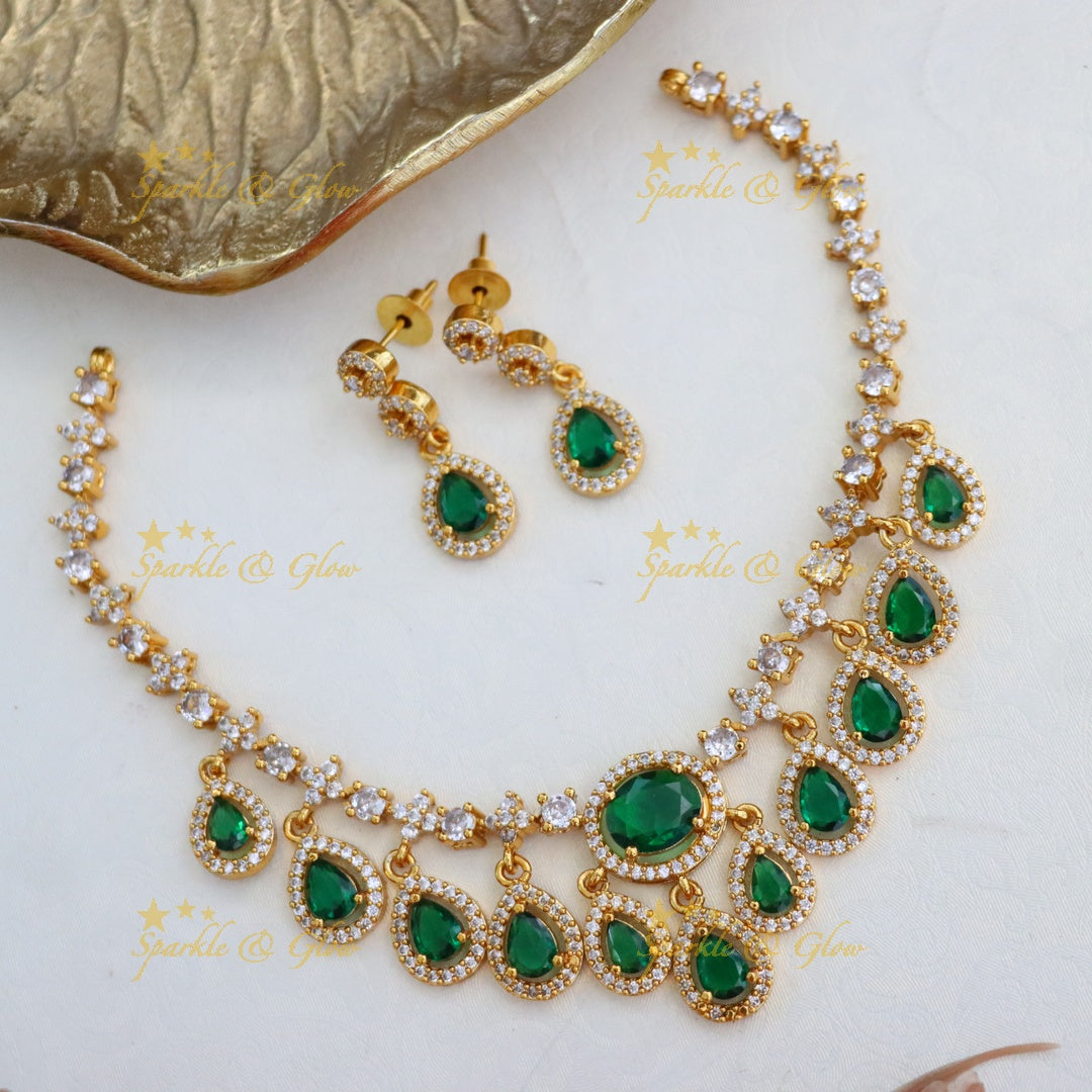 Exquisite American Diamond Emerald Necklace Set
