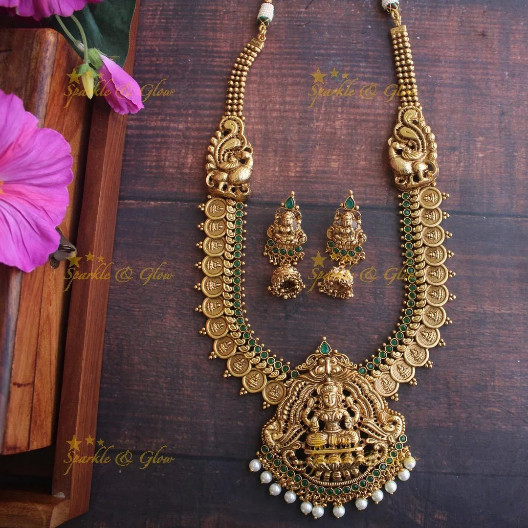 Gold like coin lakshmi haram with kemp stones - Sparkle and Glow