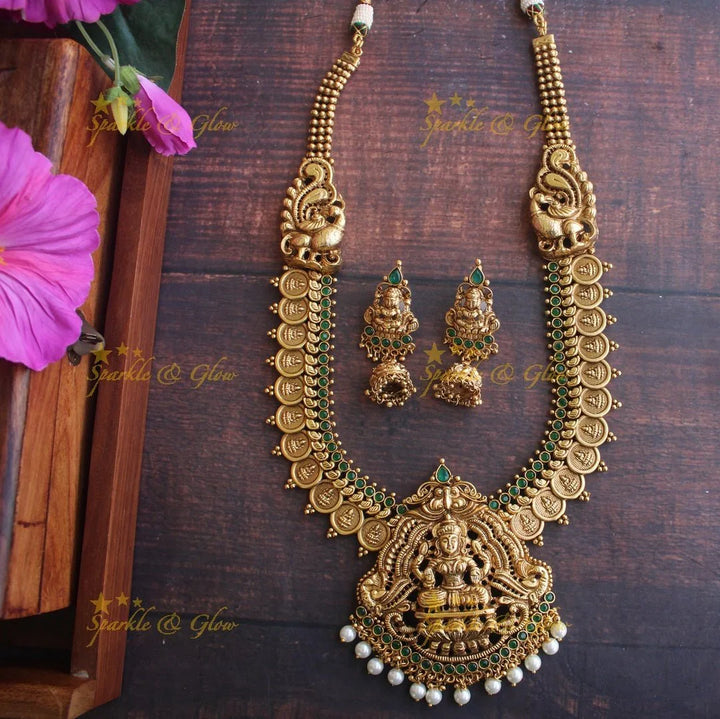 Gold like coin lakshmi haram with kemp stones - Sparkle and Glow