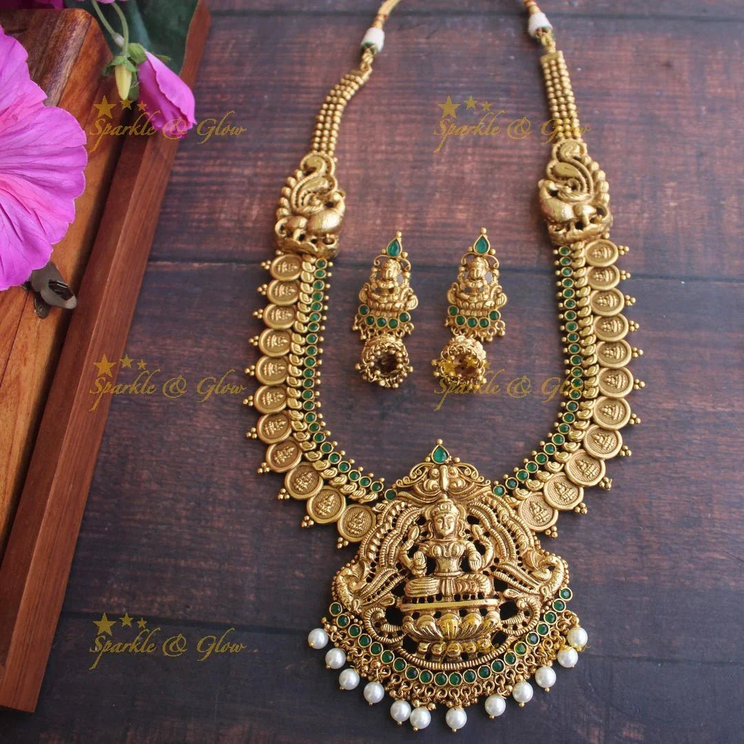Gold like coin lakshmi haram with kemp stones - Sparkle and Glow