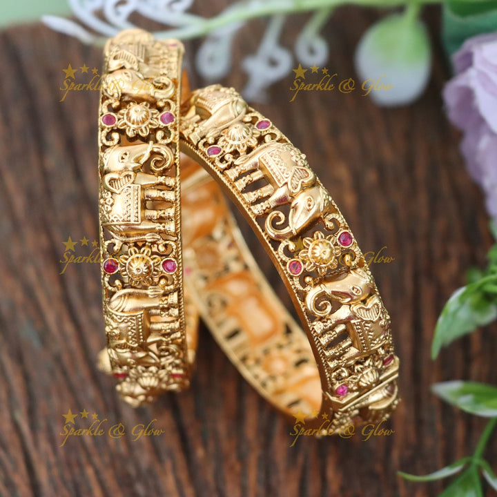 Elegant Gold-Plated Elephant Motif Bangles Set