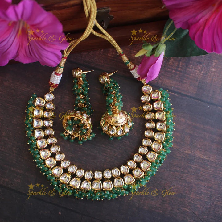 Gold finish Kundan statement necklace - Turquoise blue - Sparkle and Glow